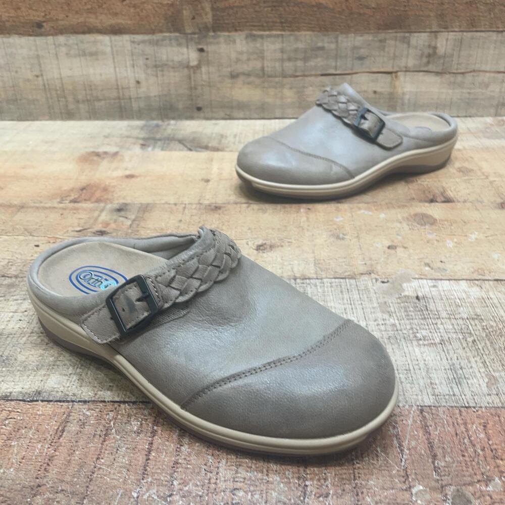 OrthoFeet 72013 Clogs Womens Size 7 B Gray Leather Braided Strap Comfort